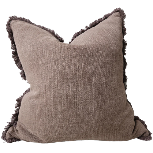 Chocolate heavy weight linen cushion with feather inner