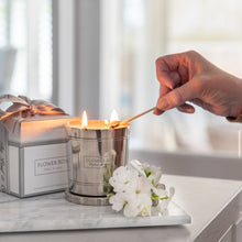 Load image into Gallery viewer, Flower Box 1 KG Candle, Hallmark, silver engraved candle jar and lid, 100 hour burn time, cucumber and wild basil scent.