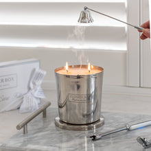 Load image into Gallery viewer, Flower Box Hallmark Candle, Silver engraved jar with lid, 1 KG, 100 hours burn time, fig leaf and cedar scent.