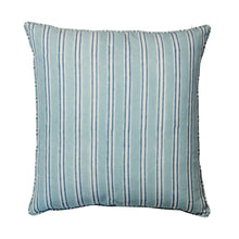 Load image into Gallery viewer, Hand screen printed pale and mid blue stripe cushion with self piping. 55 x 55cm