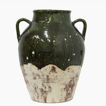 Load image into Gallery viewer, Rustic Romano Urn from French Country Collections with handles, Verdant green Glaze on top section, and matte cream glaze on the bottom. Terracotta, pottery.