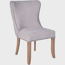 Load image into Gallery viewer, diamond patterned button back chair in grey linen with timber legs.