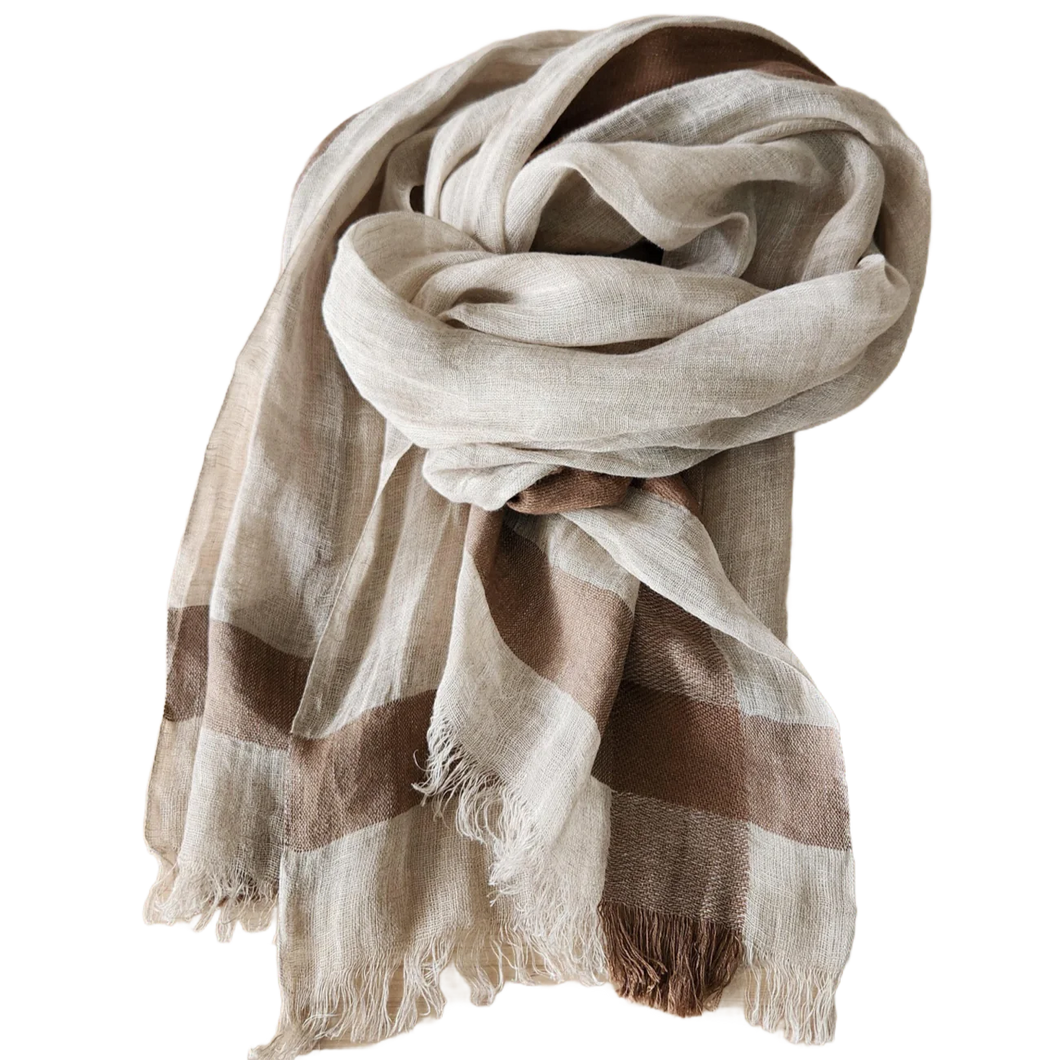 French Linen Long Scarf - Coffee + Natural