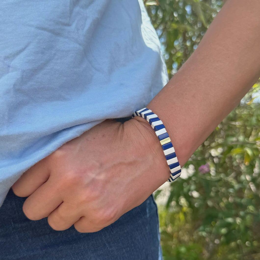 Gold Enamel Stacking Bracelets | Navy + White