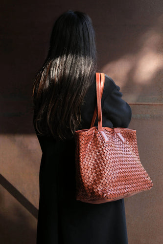 Basque woven leather tote from Juju and co in amber.