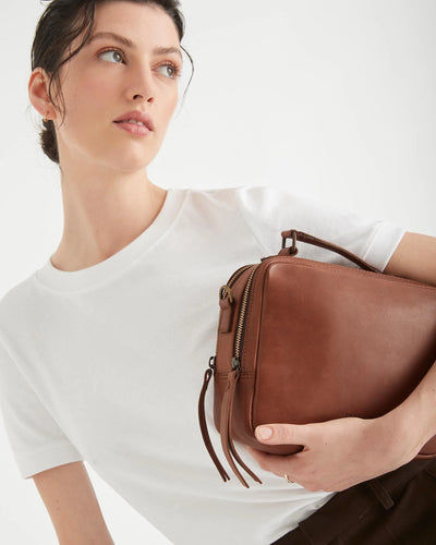 Berlin box style leather crossbody bag from juju and co in cognac