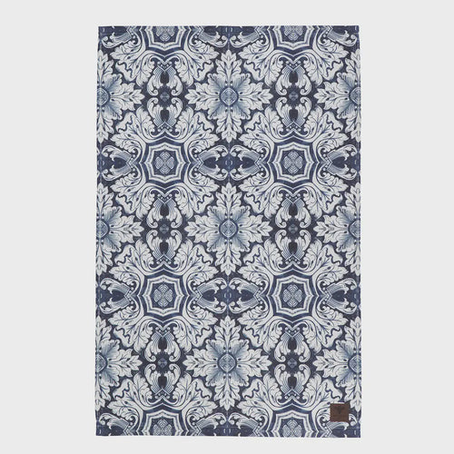 Mosaic Patterned Tea towel in blue and white, tiles.
