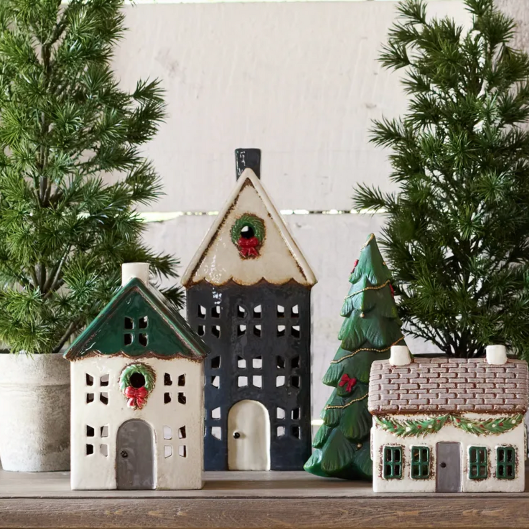 Tea Light Blue House w Christmas Wreath | Large
