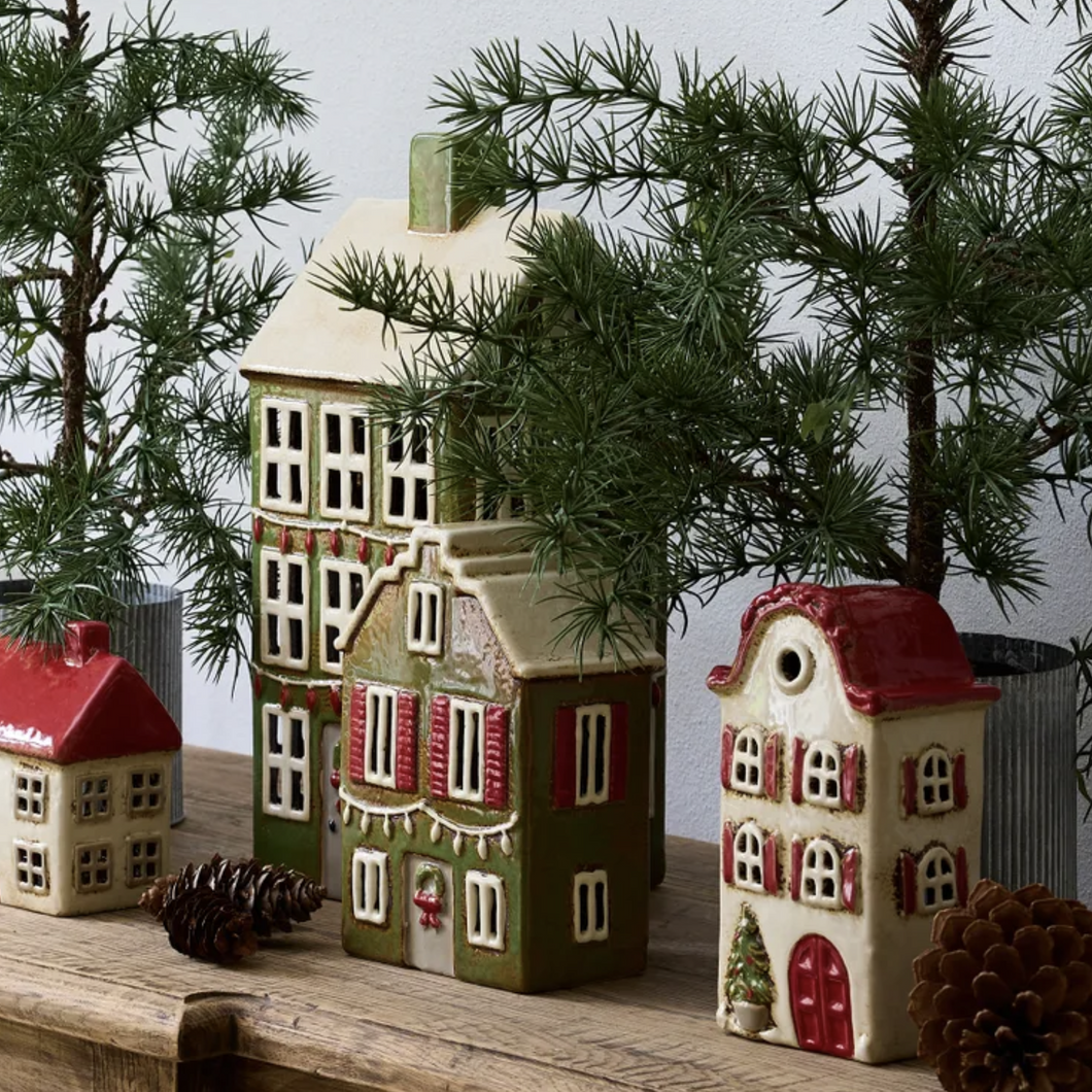 Tea Light House with Shutters | Christmas Green