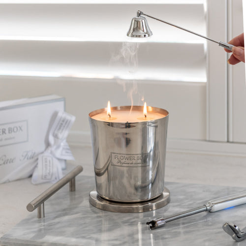 Flower Box Hallmark Candle, Silver engraved jar with lid, 1 KG, 100 hours burn time, fig leaf and cedar scent.