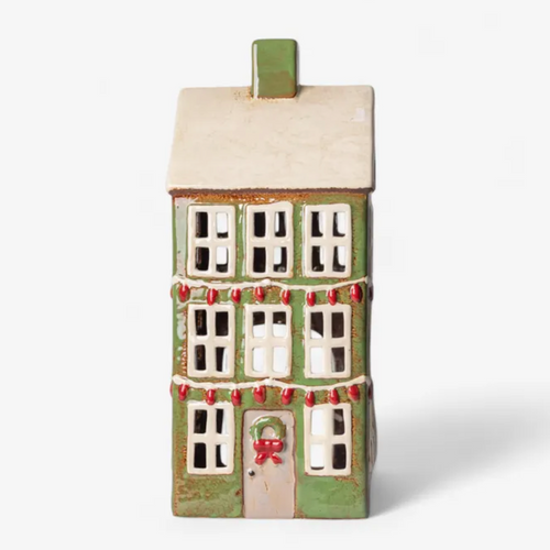 Collectable ceramic tea light house by French Country Collections.This is the Grande Chalet in Christmas Green