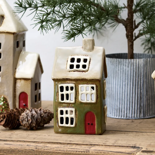 Collectable Christmas Green Ceramic tea light house with red door by French country collections.