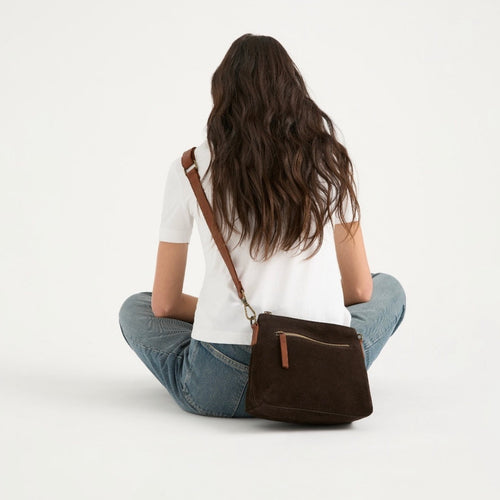 Chocolate Suede Messenger Bag by Juju and Co