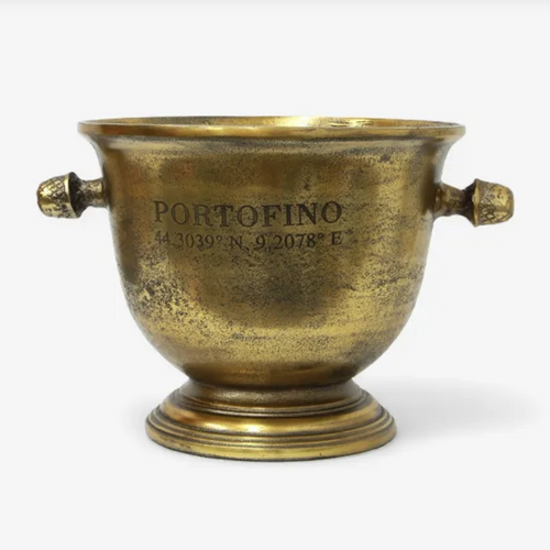 Gold Champagne or Wine Cooler with portofino etched into it and acorn style handles. antiqued aged finish