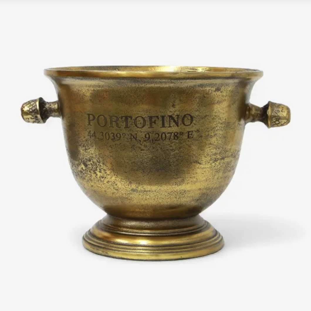 Gold Champagne or Wine Cooler with portofino etched into it and acorn style handles. antiqued aged finish