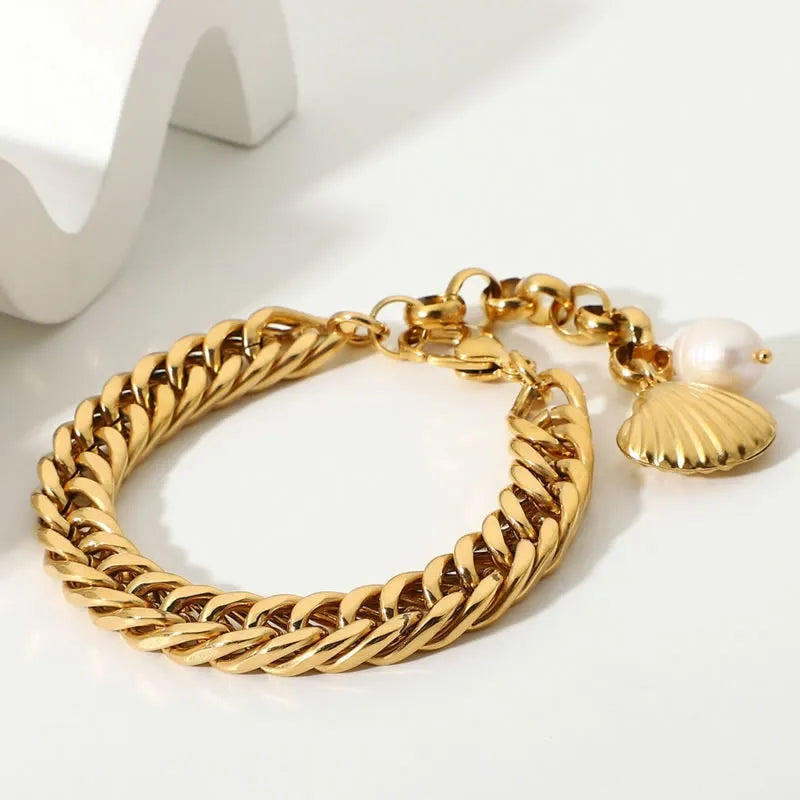 Ophelia bracelet, tarnish free, waterproof, Greenwood designs, freshwater peal, shell detail