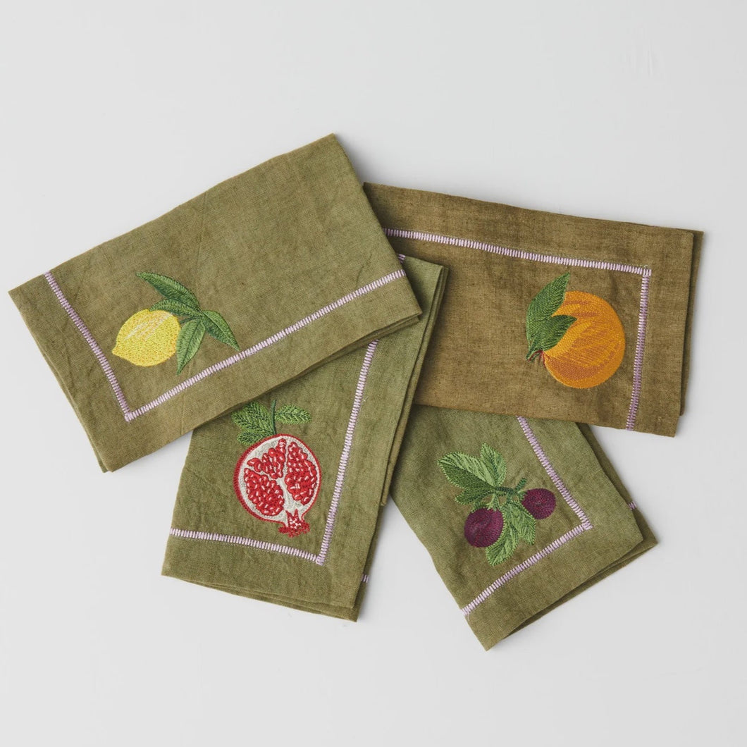 Autumn Fruits Embroidered linen Napkins Set 4 || Kip & Co