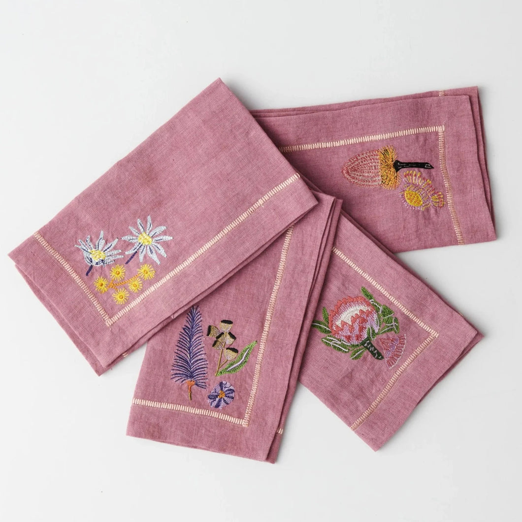 Native Bush Embroidered Linen Napkin Set 4 || Kip & Co