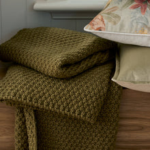 Load image into Gallery viewer, Large Chunky Knit Throw Rug / Blanket in Olive Green. Bed Blanket, Couch Throw.
