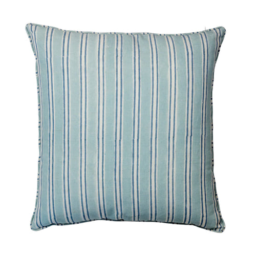 Hand screen printed pale and mid blue stripe cushion with self piping. 55 x 55cm