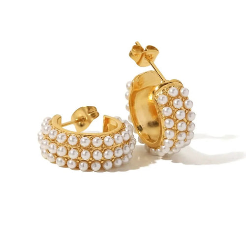 Gold pearl encrusted hoop earrings , tarnish free, waterproof,  Greenwood Designs