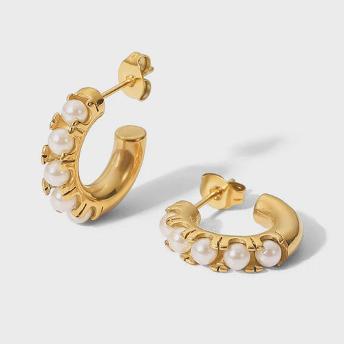 pearl studded gold hoop earrings, tarnish free, waterproof, greenwood designs