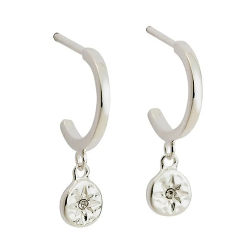Delicate Silver Hoop Earrings with small medallion , tarnish free, waterproof, Greenwood designs