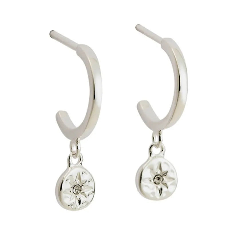 Delicate Silver Hoop Earrings with small medallion , tarnish free, waterproof, Greenwood designs