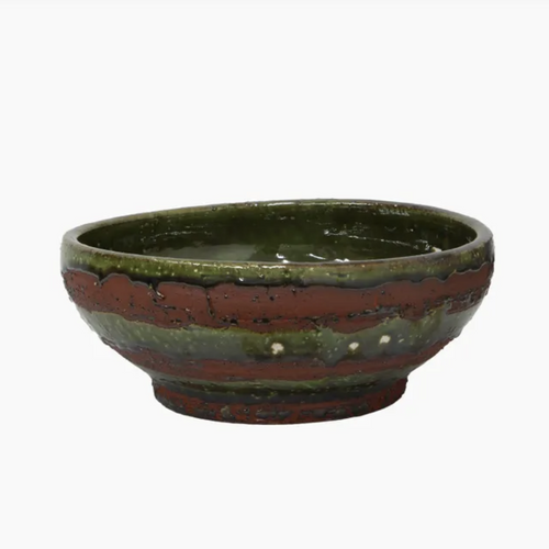 Rustic terracotta pottery bowl with green stripes on outside, from French country collections. romano range