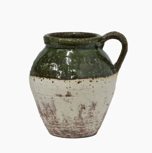 Pottery jug with handle, cream matte glaze, with verdant green glaze top section. Rustic. French Country Collections