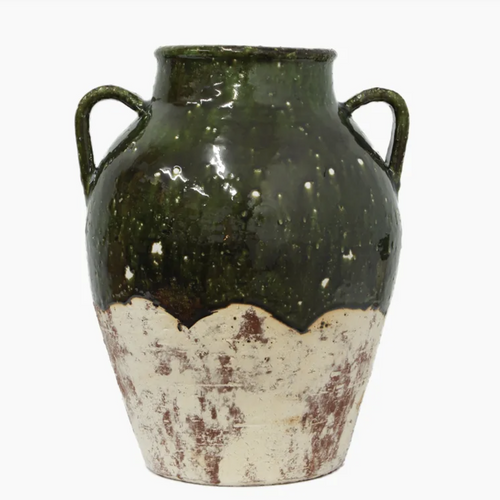 Rustic Romano Urn from French Country Collections with handles, Verdant green Glaze on top section, and matte cream glaze on the bottom. Terracotta, pottery.