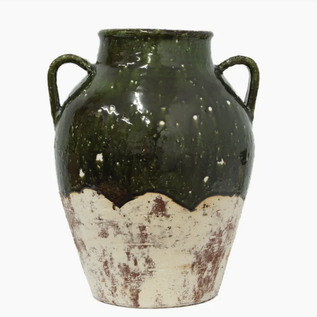 Rustic Romano Urn from French Country Collections with handles, Verdant green Glaze on top section, and matte cream glaze on the bottom. Terracotta, pottery.