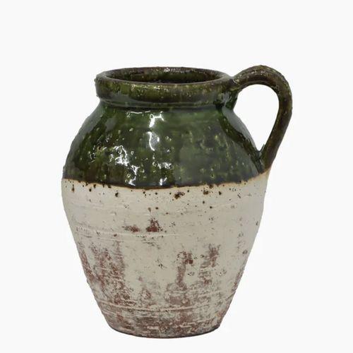 Rustic pottery , terracotta Jug from French Country Collections, Matte finish off white glaze with verdant green glaze on top section.
