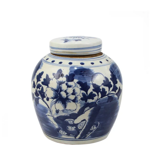 Blue and white ceramic porcelain lidded vase, hand painted at Unearthed Homewares