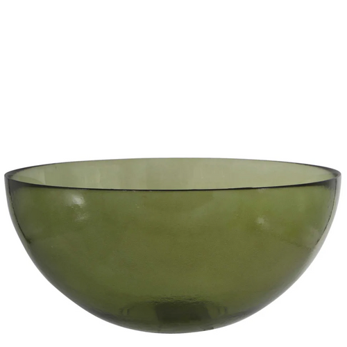 Recycled Olive Green Glass Bowl, salad, pasta, fruit, statement piece, at Unearthed Homewares