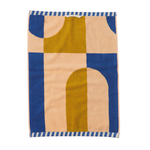Redoondo Hand towel retro design in blue peach and mustard by sage and Clare at Unearthed Homewares