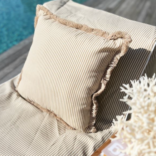 Natural beige stripe, outdoor cushion and matching BLO chairs at Unearthed Homewares