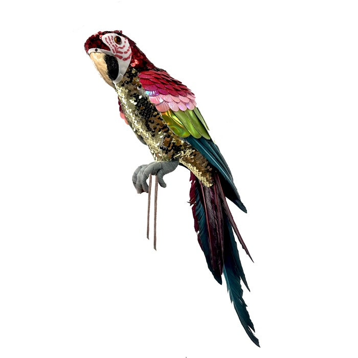 Sequin Perched Parrot Pink + Green