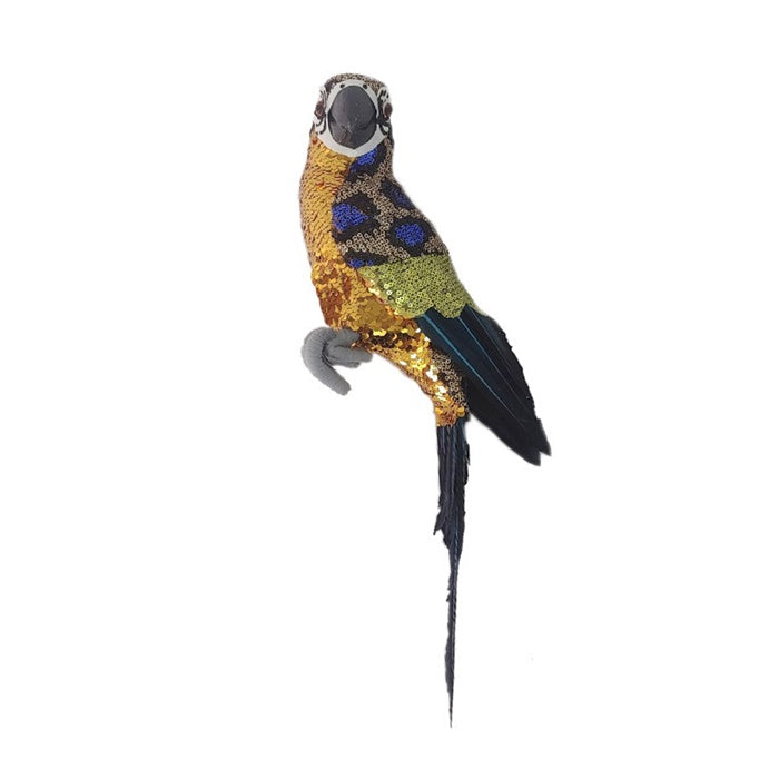 Sequin Perched Parrot Blue + Gold