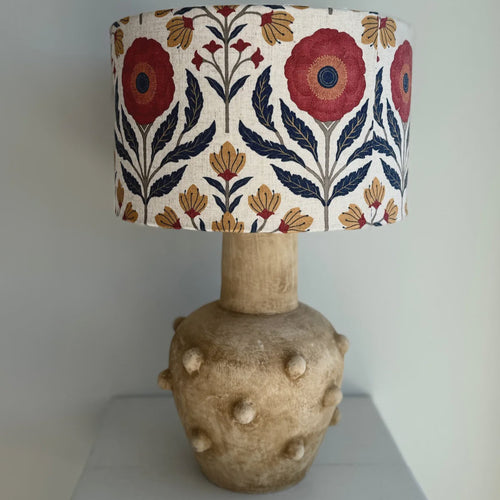 Handmade linen lamp shade in navy red and mustard floral , hand block printed