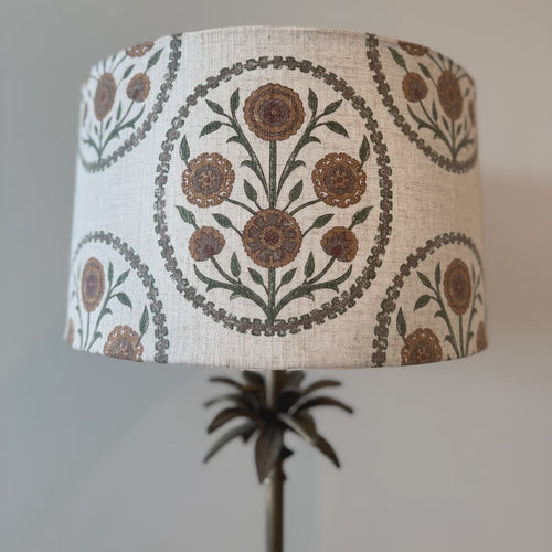 handmade linen lampshade in mustard green and neutral floral pattern on hand block printed fabric