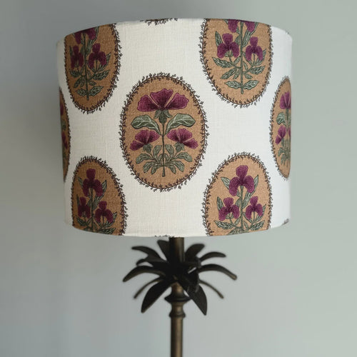 handmade linen lampshade in burgundy, mustard and greens. hand block printed.