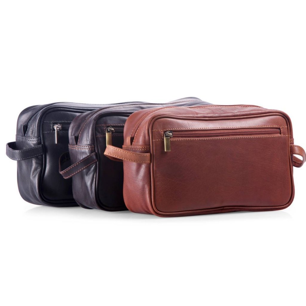 Oran Leather hackleberry wet pack toiletry bag in black brandy and brown. Avail at Unearthed Homewares