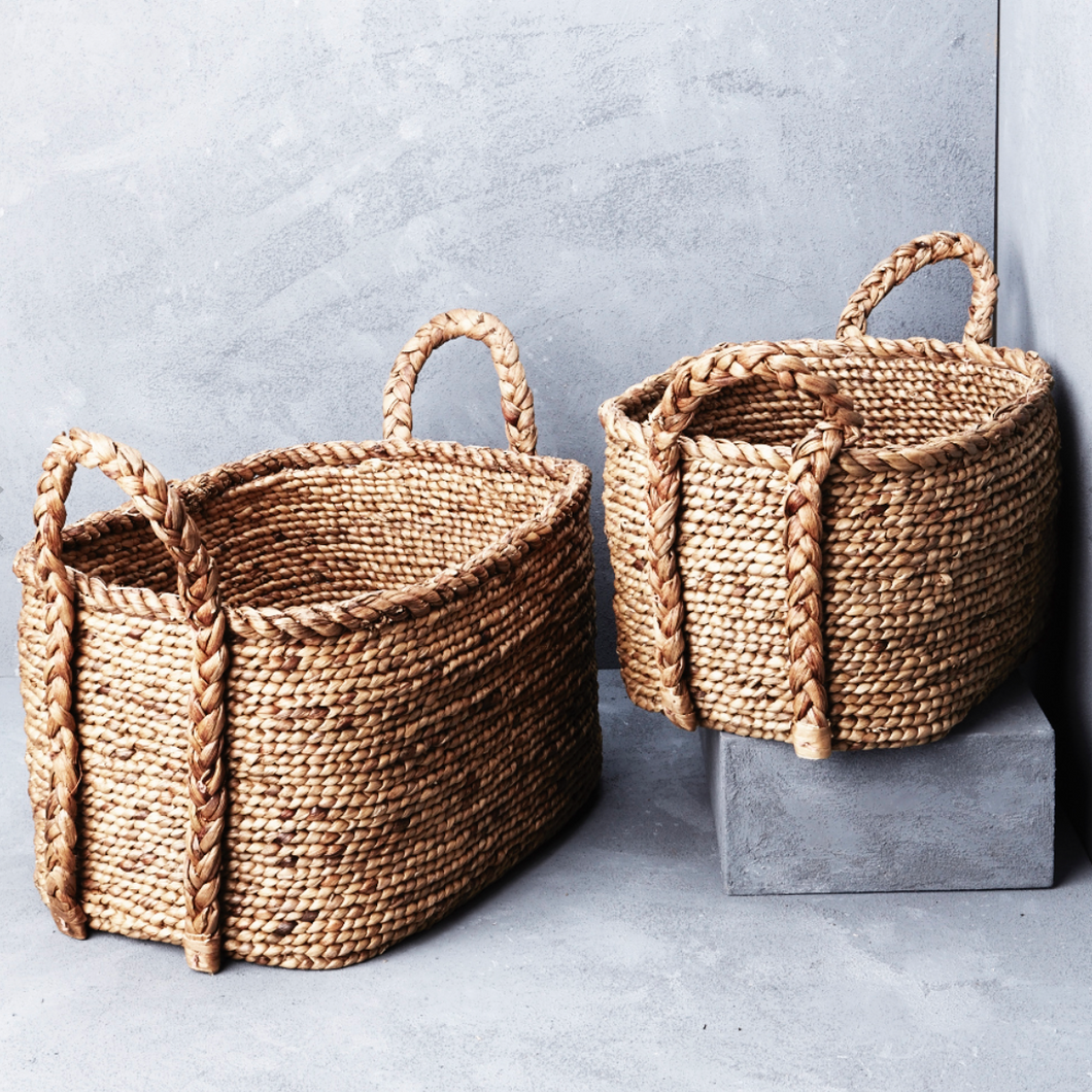 Oval Water Hyacinth Baskets w Plaited Handles
