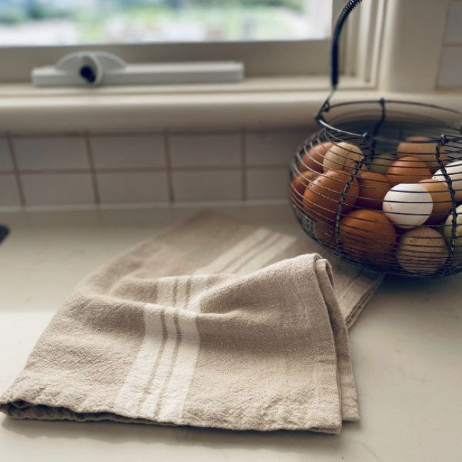 Thick Cotton tea Towel with cream stripe set 2 at Unearthed Homewares