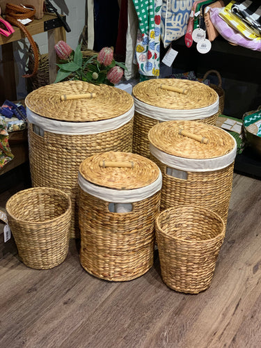 Laundry hampers, baskets with lids, water hyacinth, COTTON lining at Unearthed Homewares 