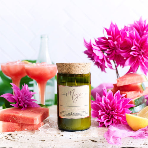 watermelon lemonade recycled wine bottle by Mojo Candles at Unearthed Homewares