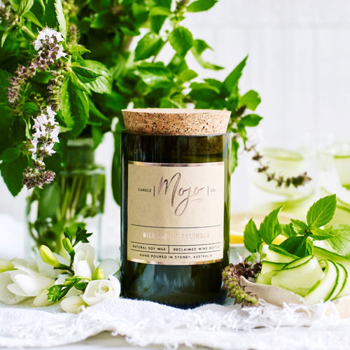 wild basil and cucumber wine bottle candle by Mojo Candle Co, at Unearthed Homewares